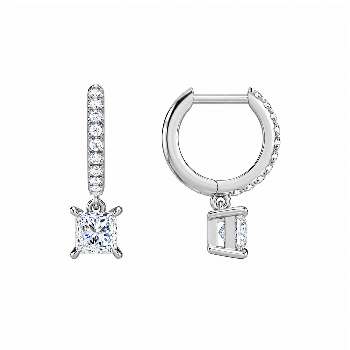 Fiorella Princess Accented Drop Huggie Hoop Lab-Grown Diamond Earrings in 14K White Gold, alternate product view