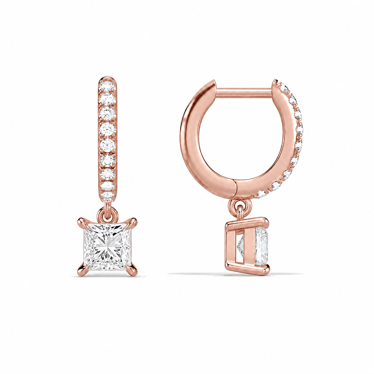 Fiorella Princess Accented Drop Huggie Hoop Diamond Earrings in 14K Rose Gold second product view