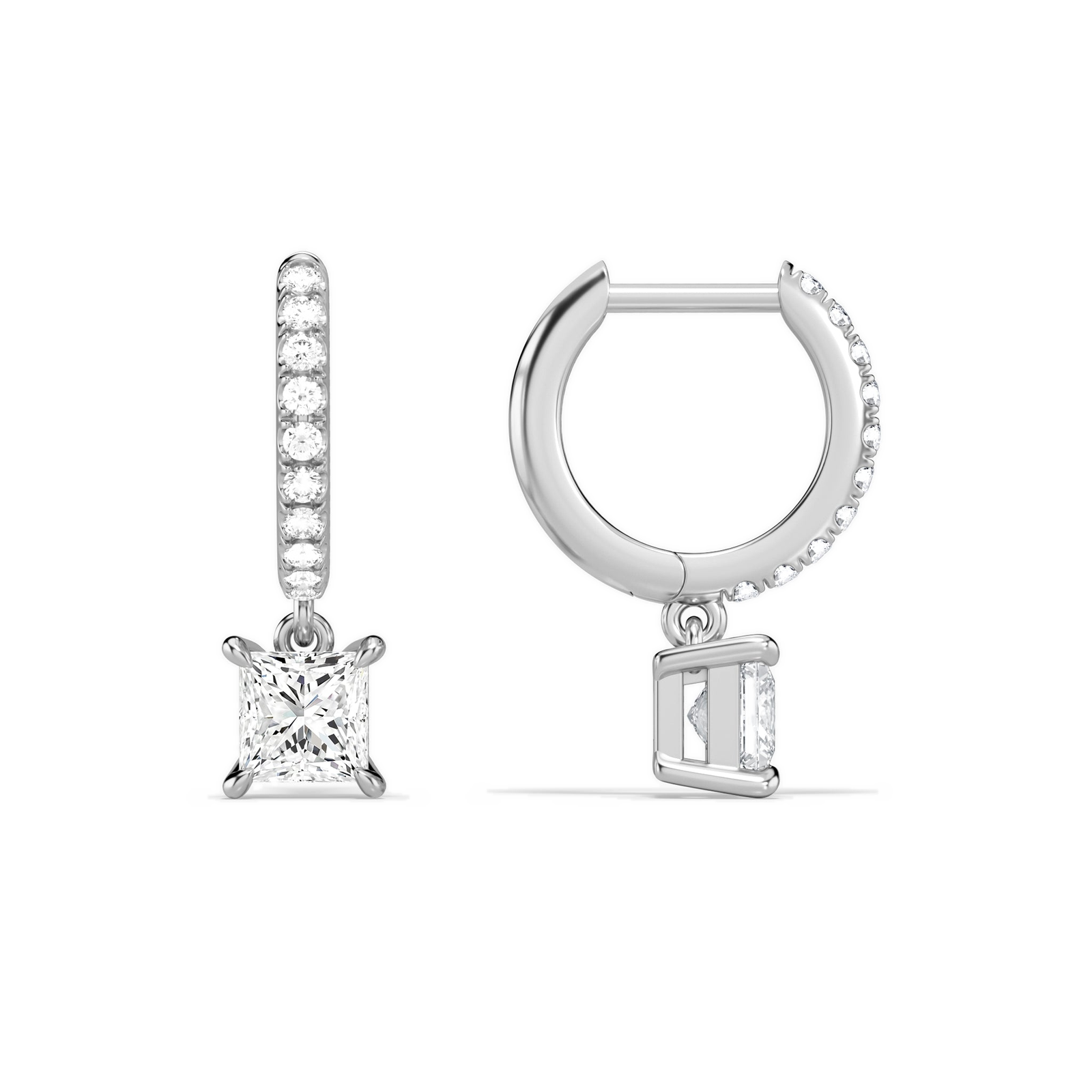 Fiorella Princess Accented Drop Huggie Hoop Diamond Earrings in Platinum second product view