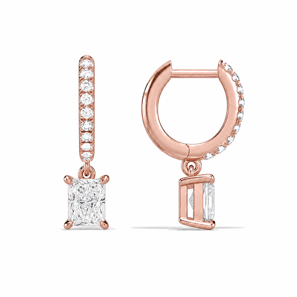 Fiorella Radiant Accented Drop Huggie Hoop Diamond Earrings in 14K Rose Gold second product view