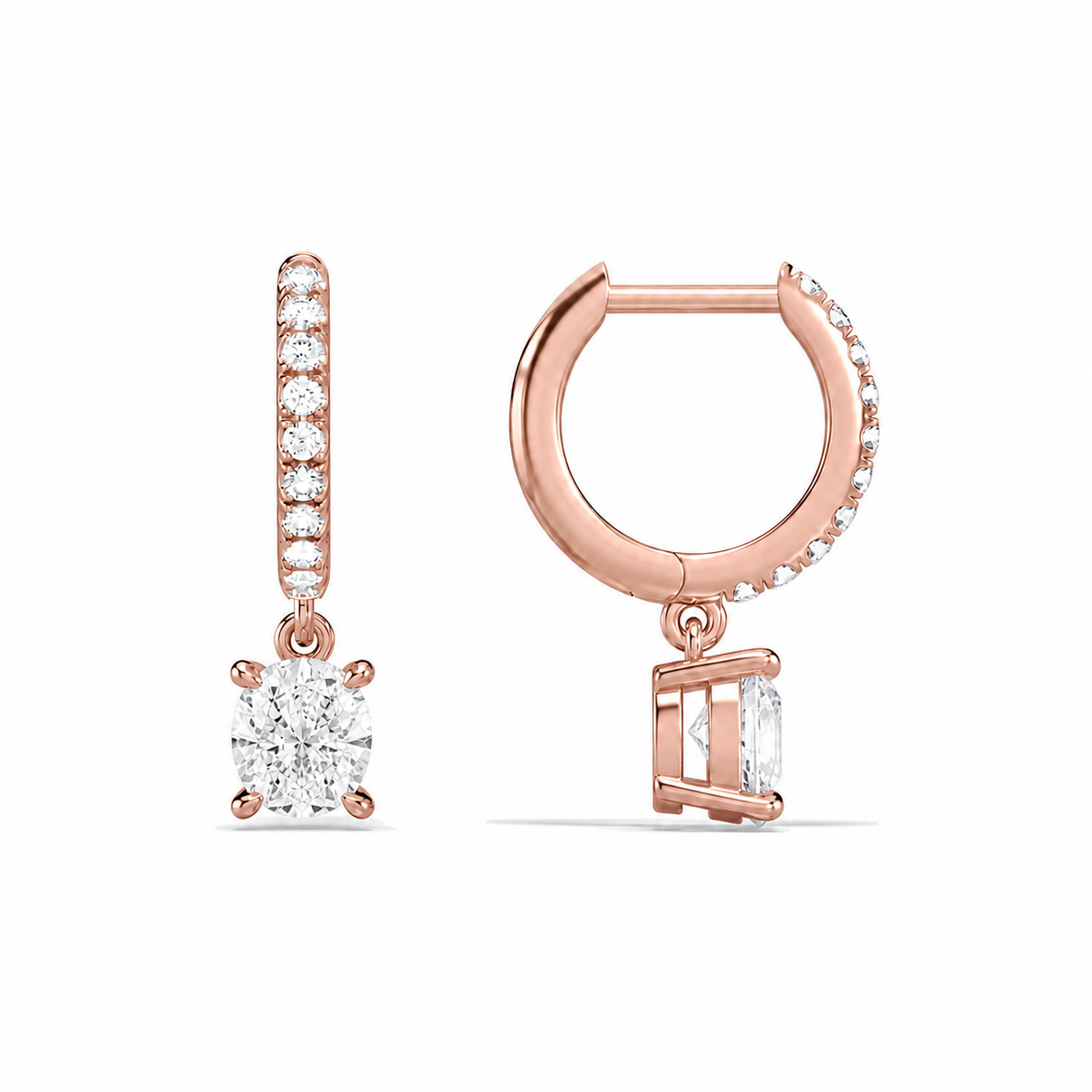 Fiorella Round Accented Drop Huggie Hoop Diamond Earrings in 14K Rose Gold second product view