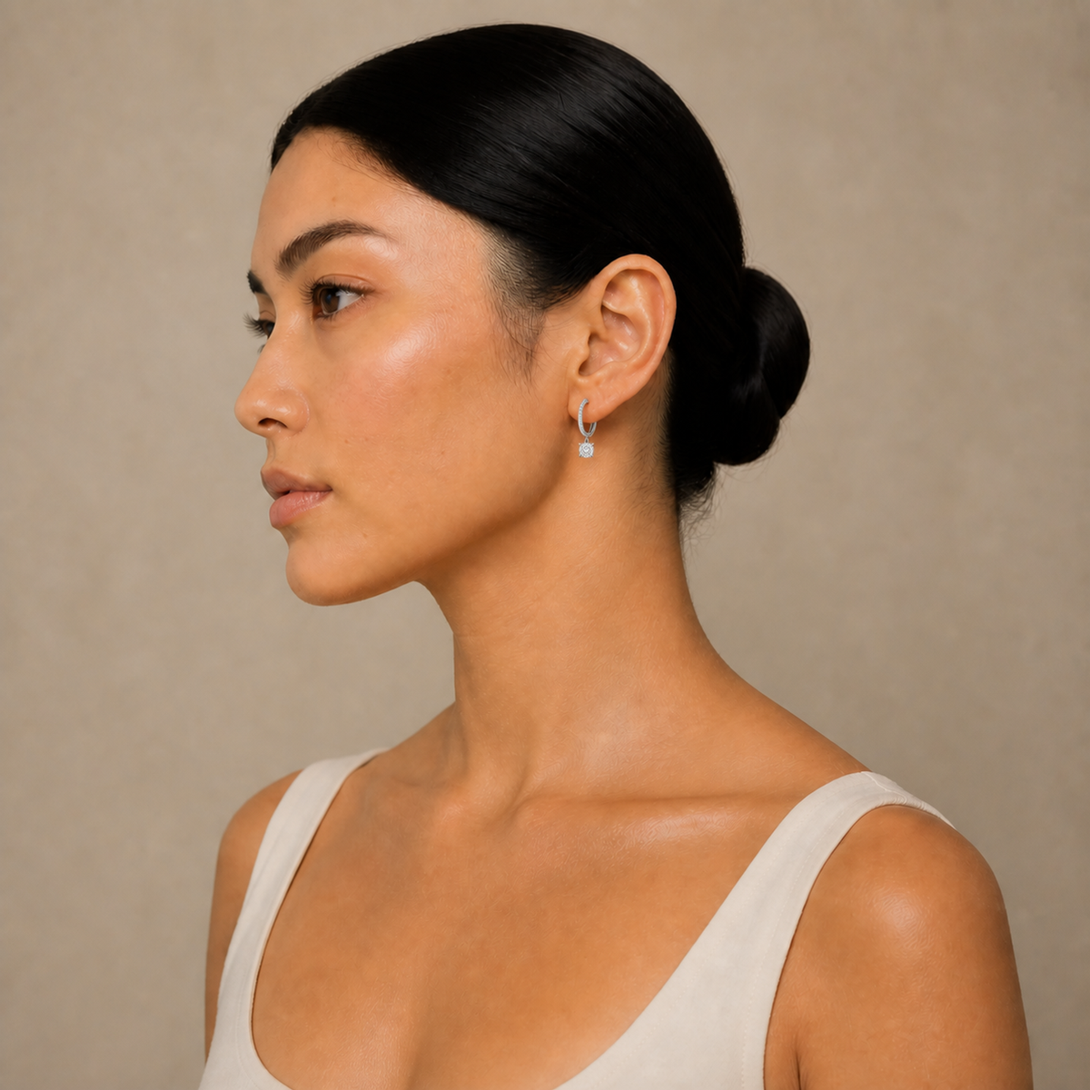 Fiorella Round Accented Drop Huggie Hoop Lab-Grown Diamond Earrings in 14K White Gold, worn on ear