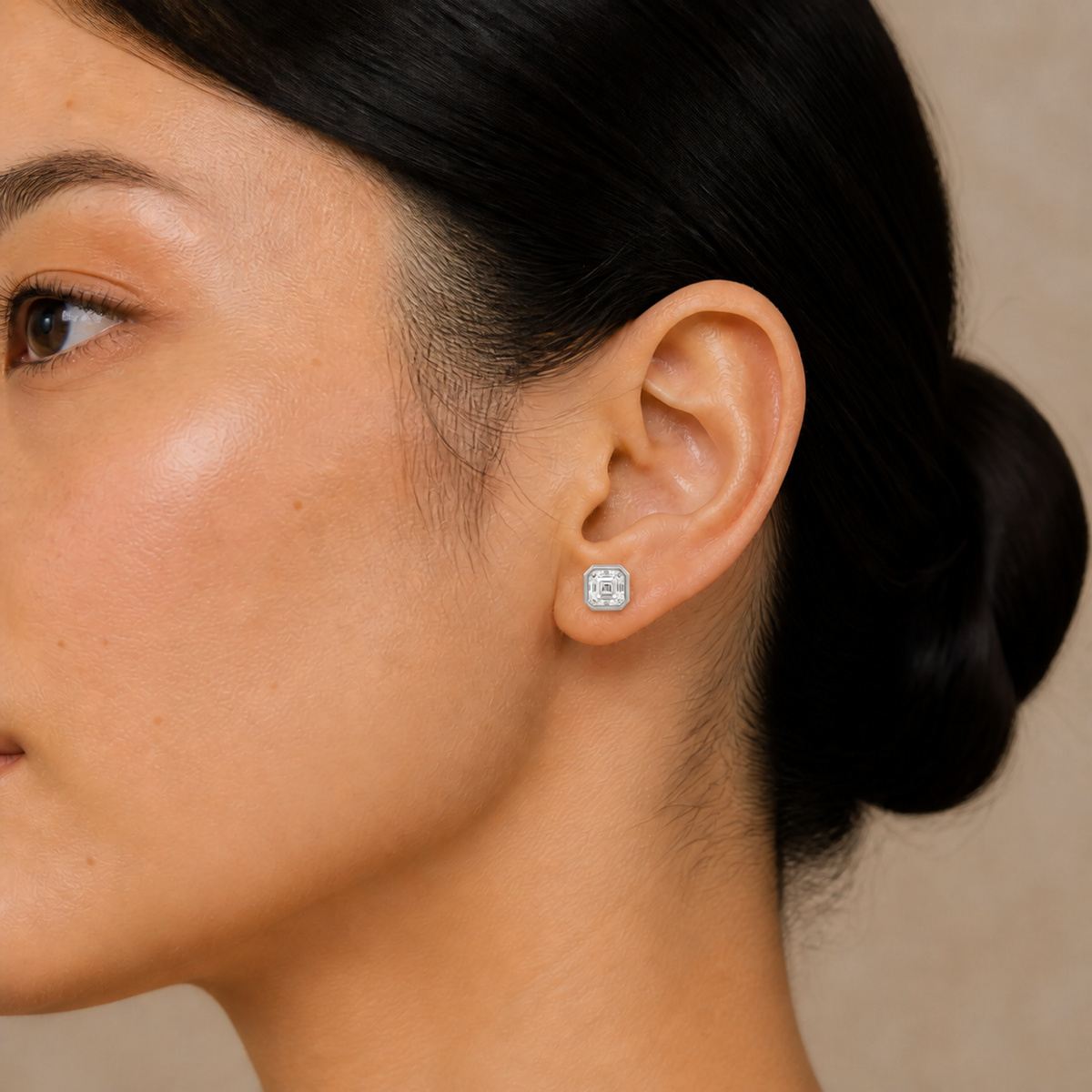 Jolie Asscher Bezel Solitaire Lab-Grown Diamond Stud Earrings in 14K White Gold, worn on ear