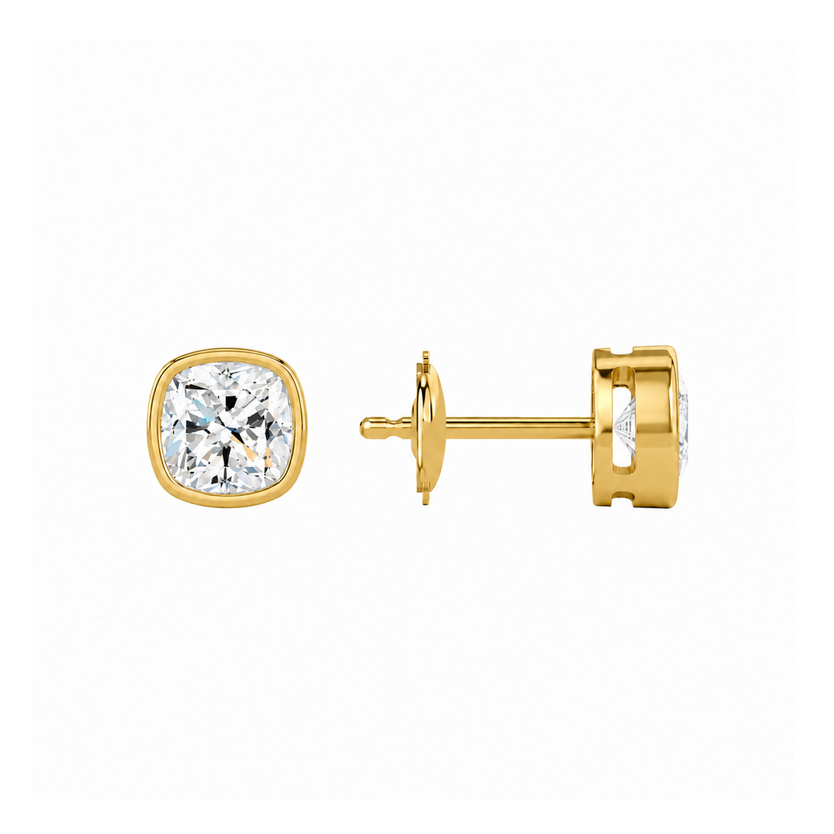 Jolie Cushion Bezel Solitaire Lab-Grown Diamond Stud Earrings in 14K Yellow Gold, alternate product view