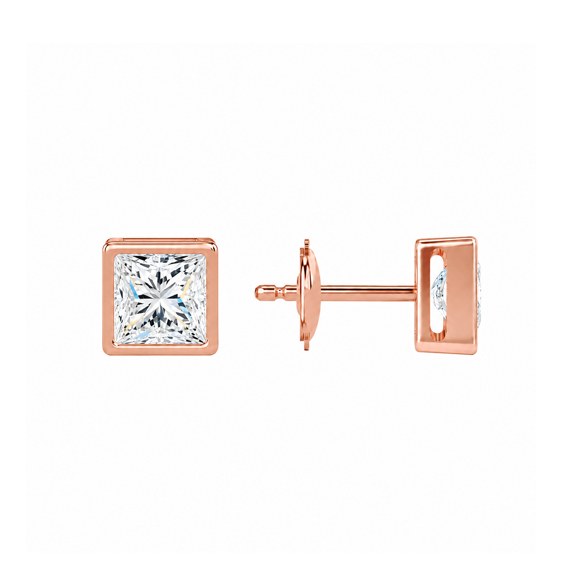 Jolie Princess Bezel Solitaire Lab-Grown Diamond Stud Earrings in 14K Rose Gold, alternate product view