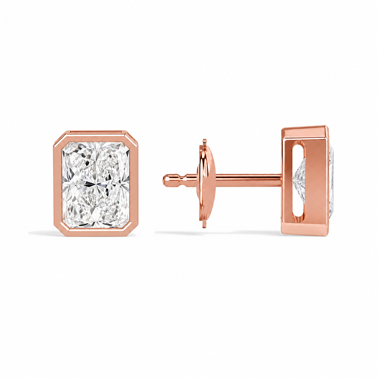 Jolie Radiant Bezel Solitaire Diamond Stud Earrings in 14K Rose Gold second product view