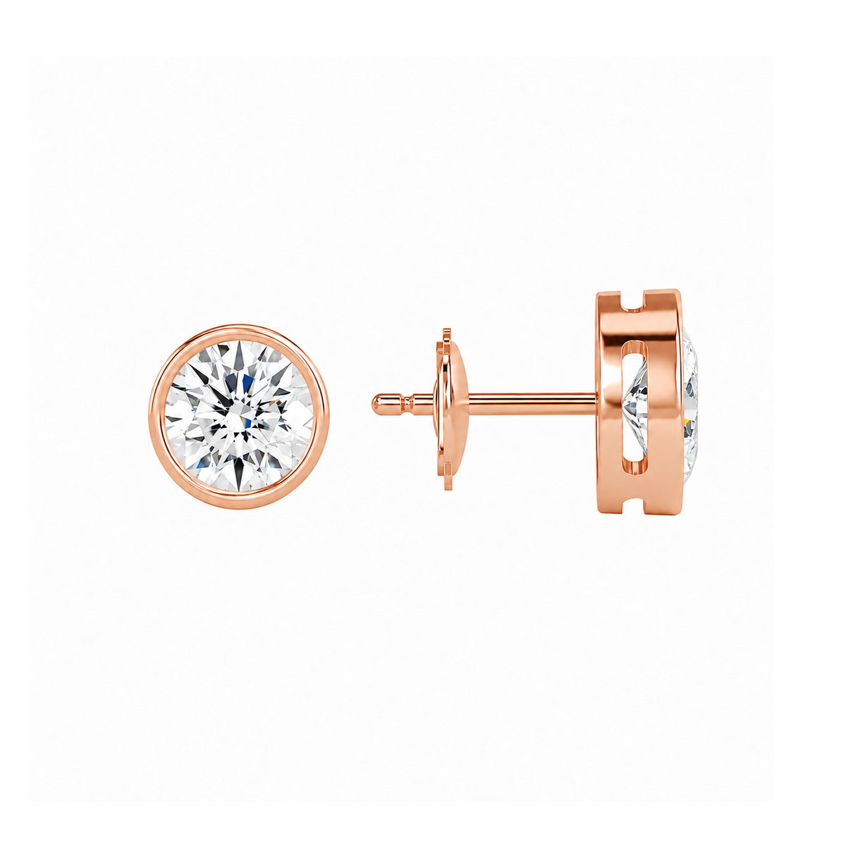 Jolie Round Bezel Solitaire Lab-Grown Diamond Stud Earrings in 14K Rose Gold, alternate product view