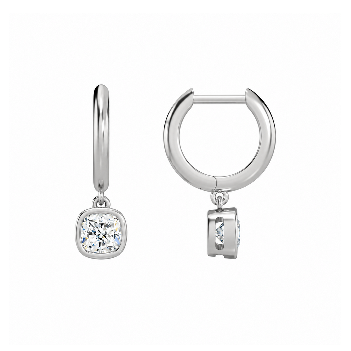 Giselle Cushion Bezel Drop Huggie Hoop Lab-Grown Diamond Earrings in Platinum, alternate product view