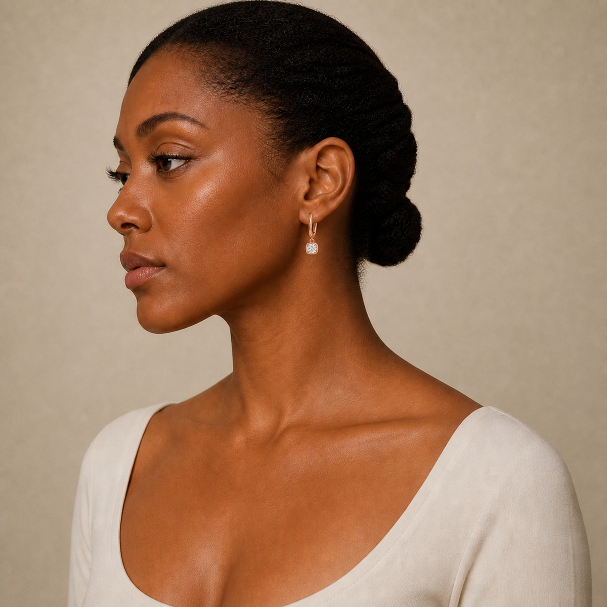 Giselle Cushion Bezel Drop Huggie Hoop Lab-Grown Diamond Earrings in 14K Rose Gold, worn on ear