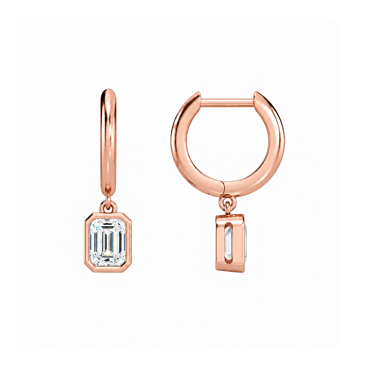 Giselle Emerald Bezel Drop Huggie Hoop Lab-Grown Diamond Earrings in 14K Rose Gold, alternate product view
