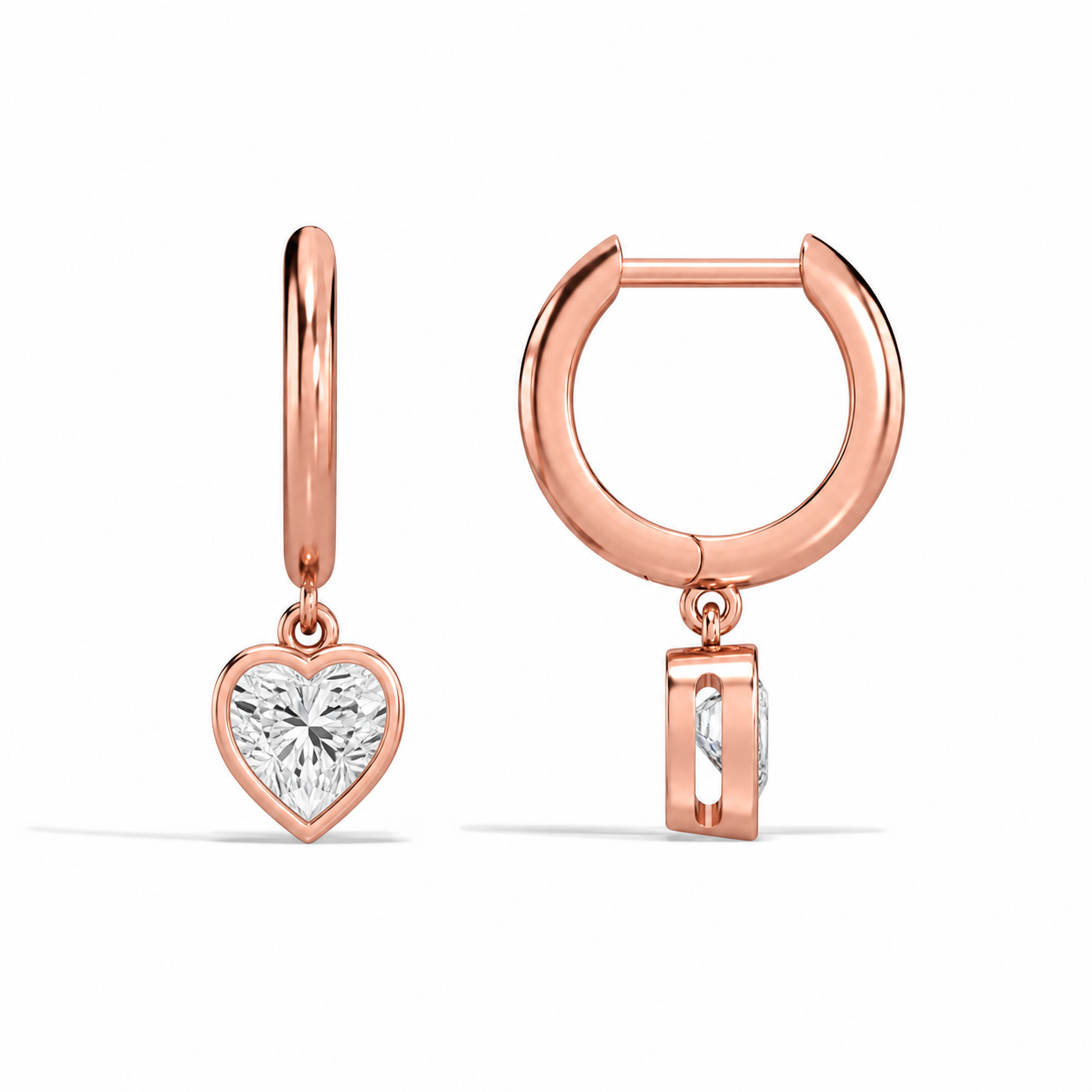 Giselle Heart Bezel Drop Huggie Hoop Diamond Earrings in 14K Rose Gold second product view