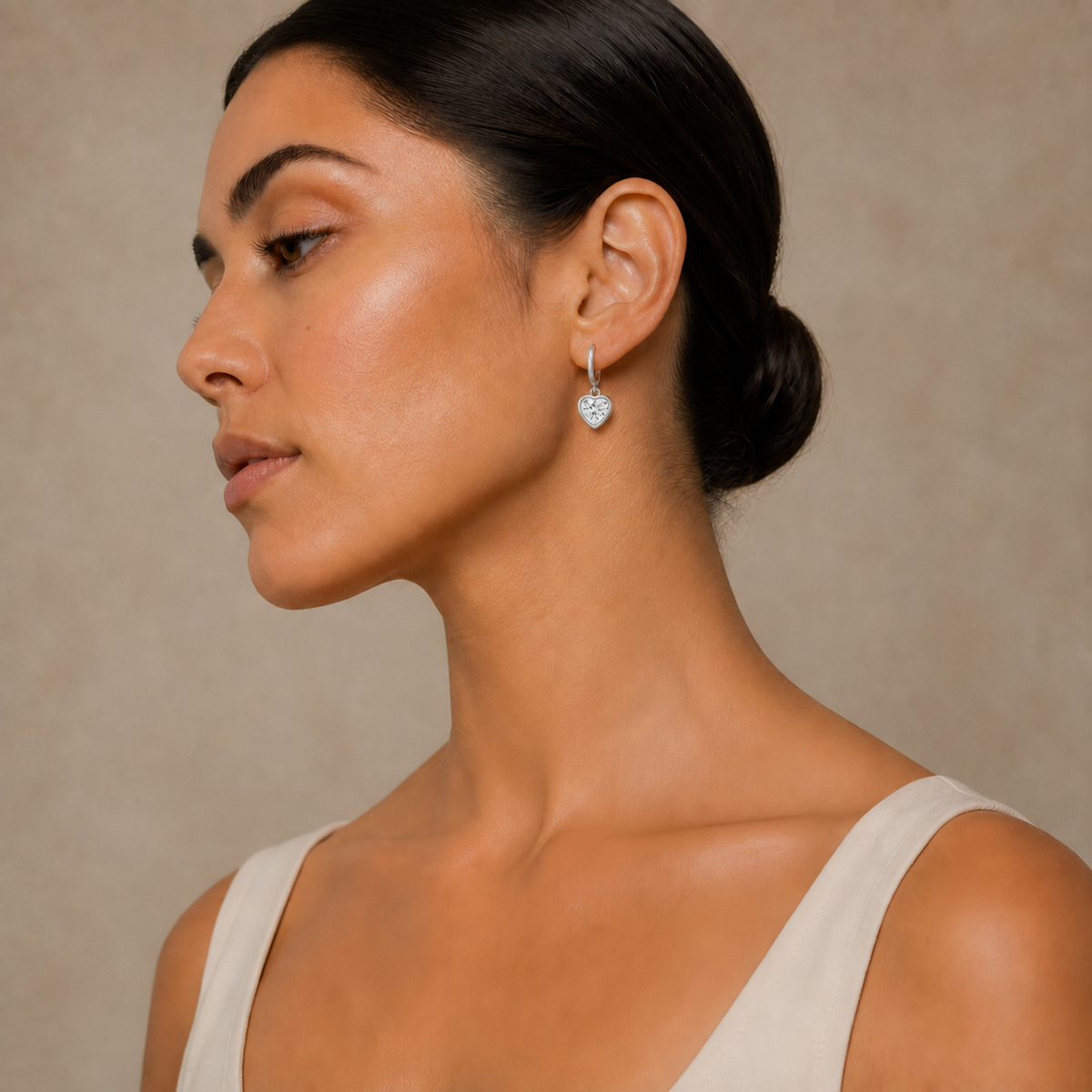 Giselle Heart Bezel Drop Huggie Hoop Lab-Grown Diamond Earrings in 18K White Gold, worn on ear