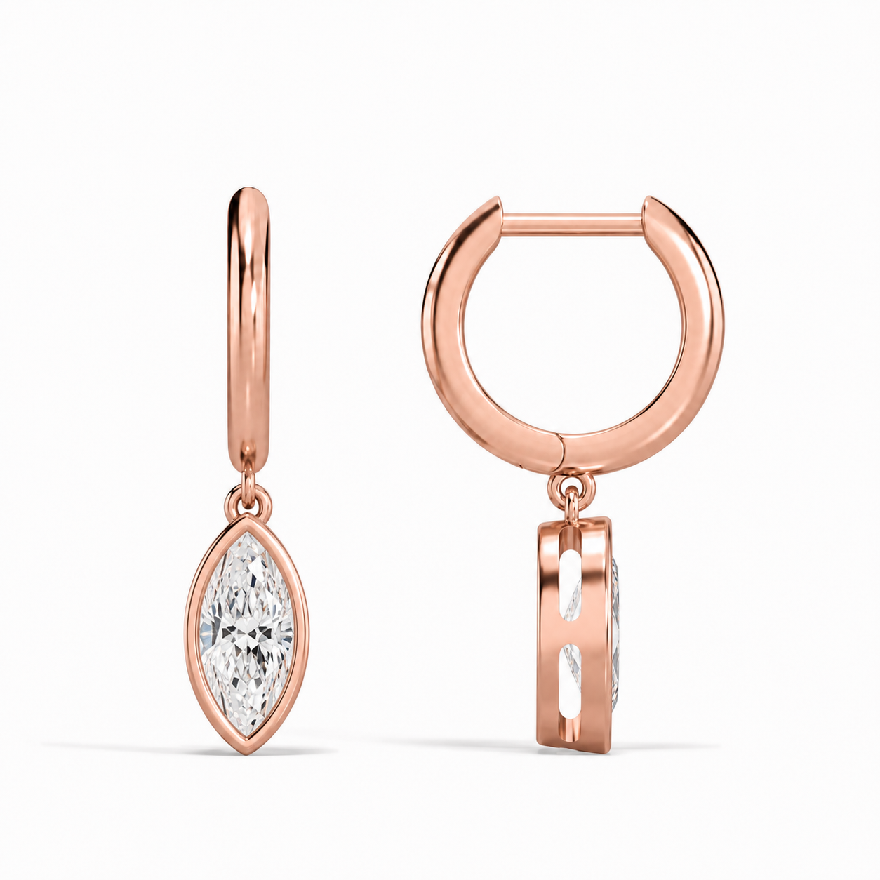 Giselle Marquise Bezel Drop Huggie Hoop Diamond Earrings in 14K Rose Gold second product view