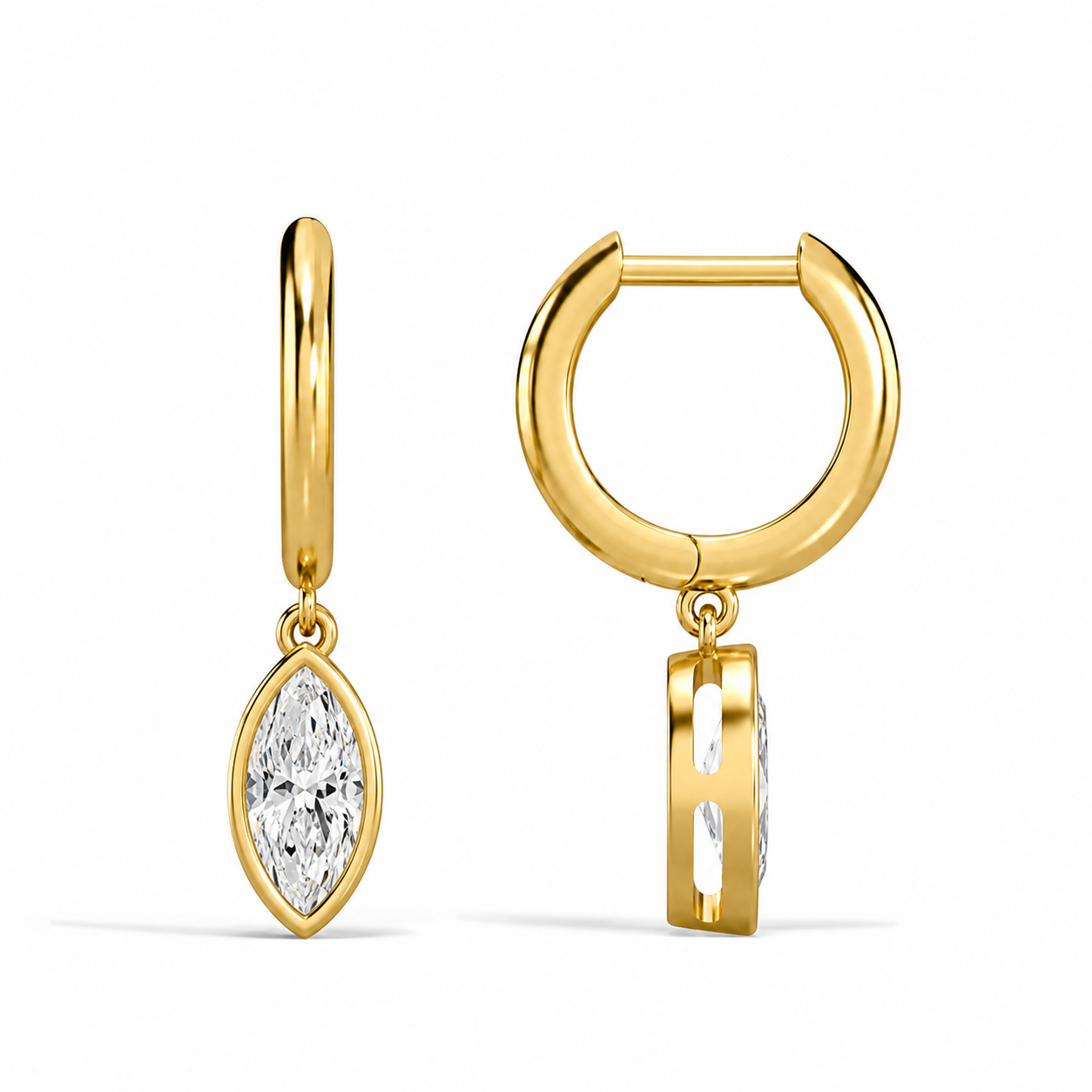 Giselle Marquise Bezel Drop Huggie Hoop Diamond Earrings in 14K Yellow Gold second product view