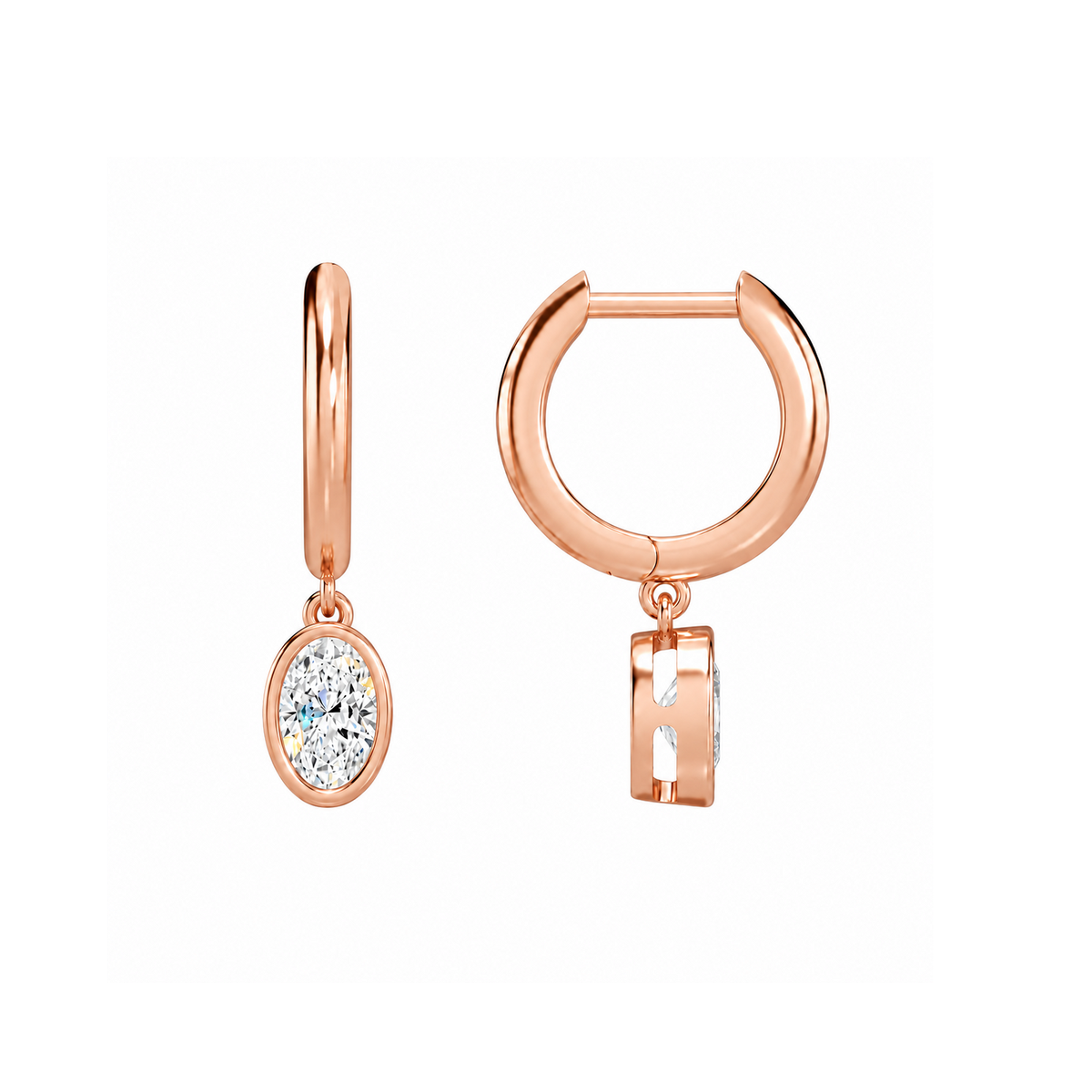 Giselle Oval Bezel Drop Huggie Hoop Lab-Grown Diamond Earrings in 14K Rose Gold, alternate product view