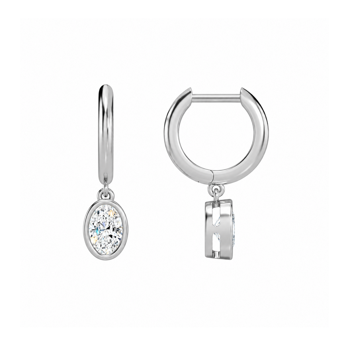 Giselle Oval Bezel Drop Huggie Hoop Lab-Grown Diamond Earrings in 18K White Gold, alternate product view
