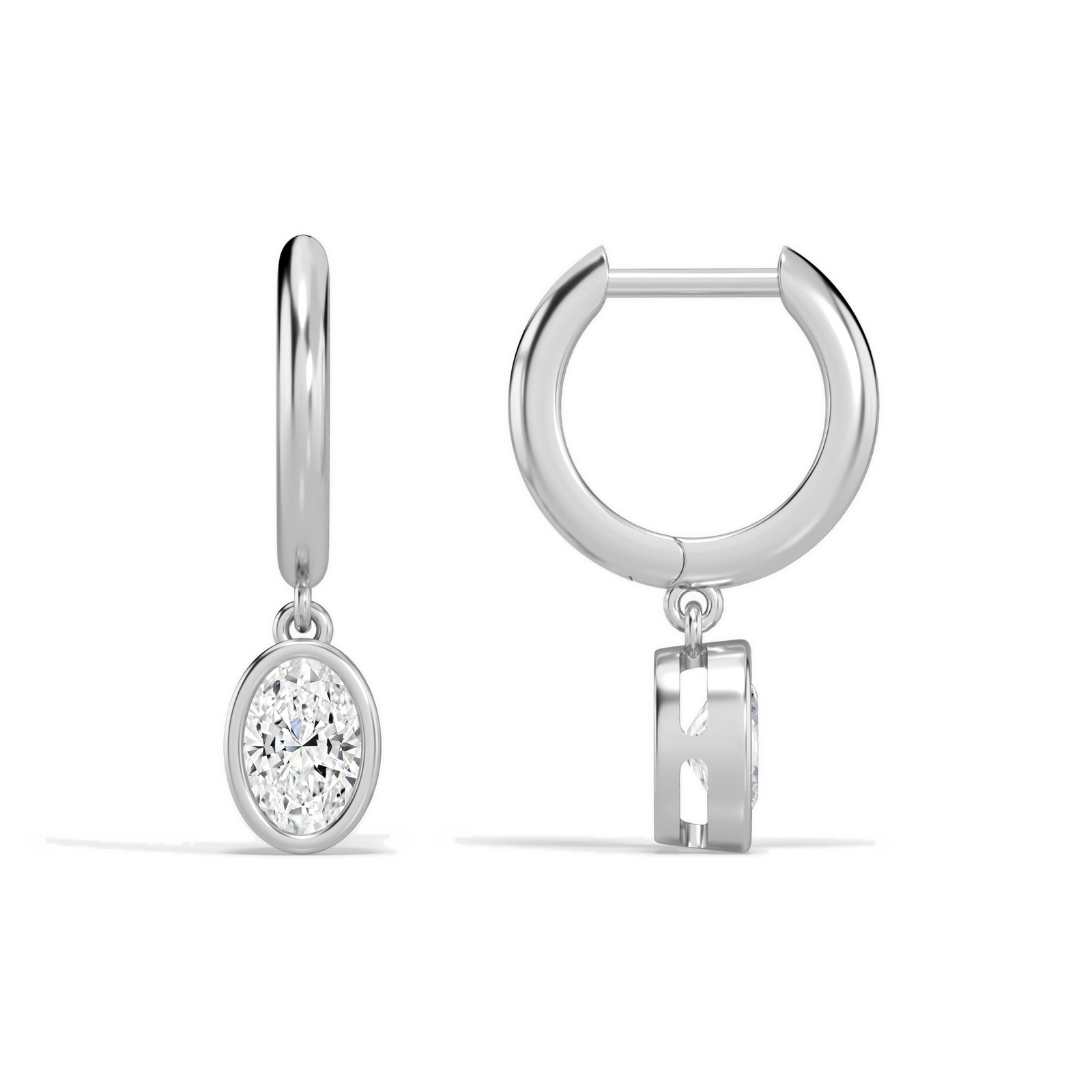 Giselle Oval Bezel Drop Huggie Hoop Diamond Earrings in 14K White Gold second product view
