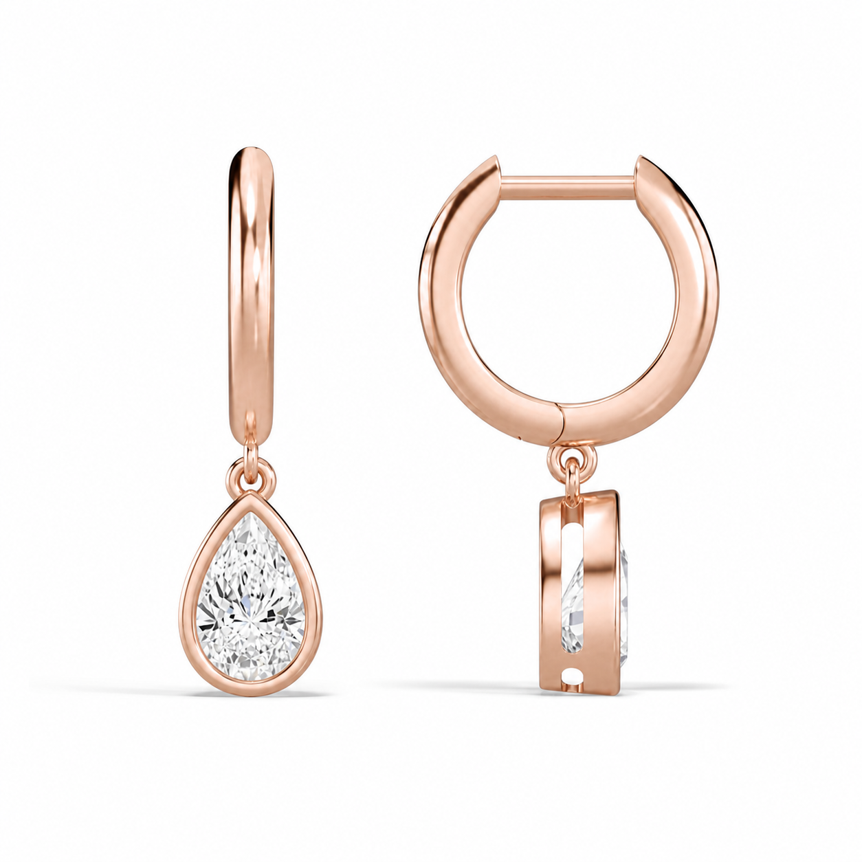 Giselle Pear Bezel Drop Huggie Hoop Diamond Earrings in 14K Rose Gold second product view