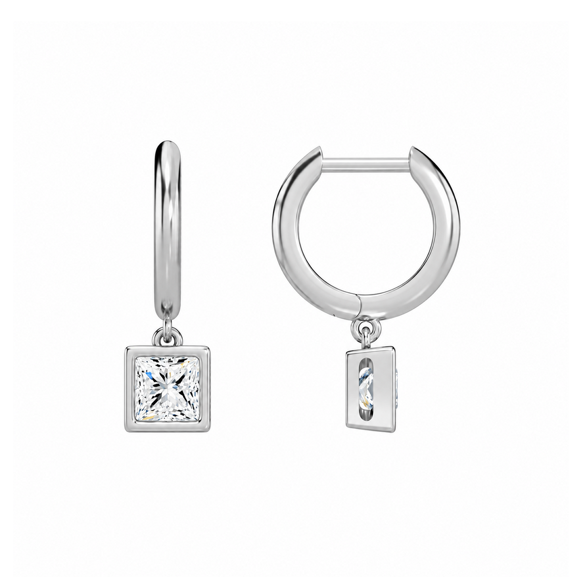 Giselle Princess Bezel Drop Huggie Hoop Lab-Grown Diamond Earrings in 14K White Gold, alternate product view
