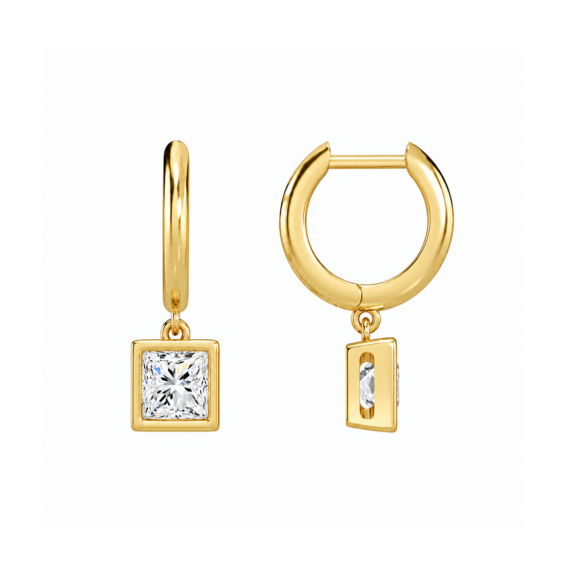 Giselle Princess Bezel Drop Huggie Hoop Lab-Grown Diamond Earrings in 14K Yellow Gold, alternate product view