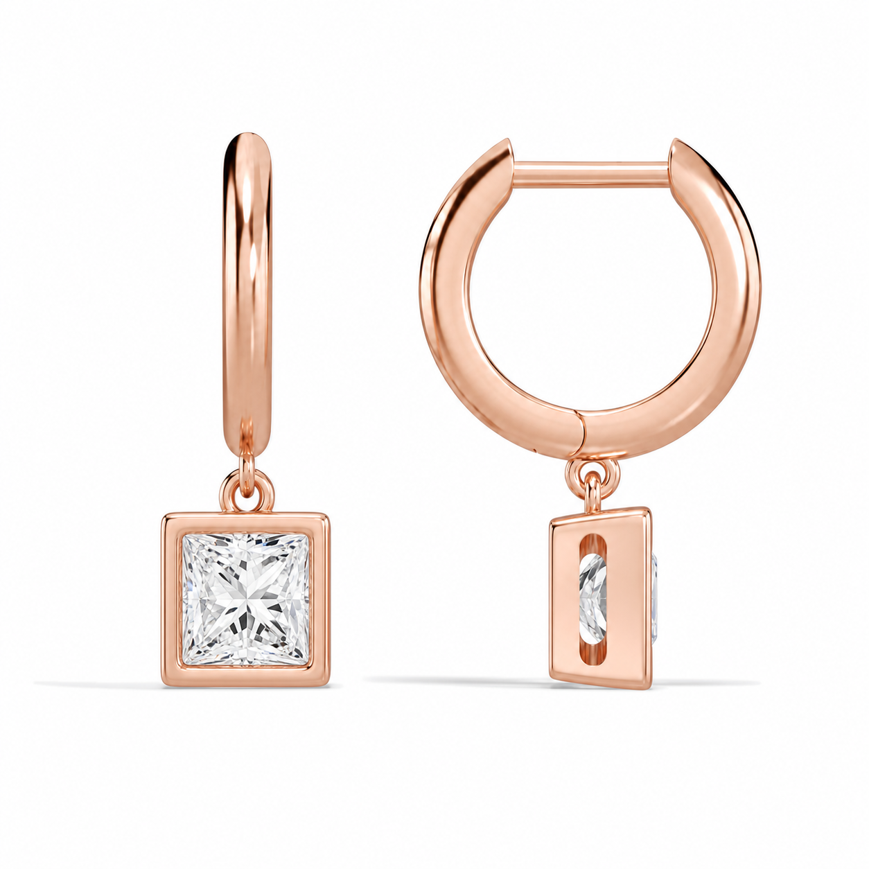 Giselle Princess Bezel Drop Huggie Hoop Diamond Earrings in 14K Rose Gold second product view