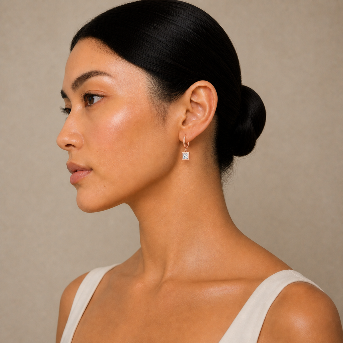 Giselle Princess Bezel Drop Huggie Hoop Lab-Grown Diamond Earrings in 14K Rose Gold, worn on ear