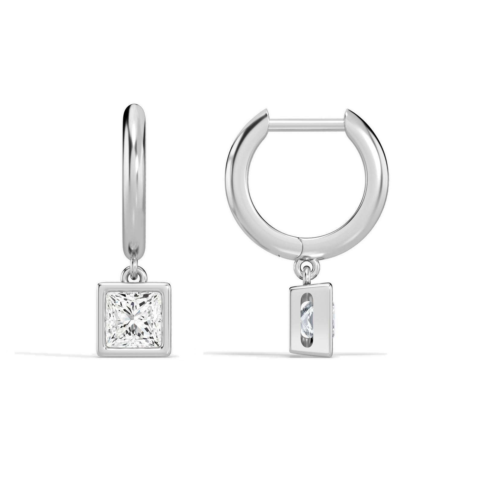 Giselle Princess Bezel Drop Huggie Hoop Diamond Earrings in 14K White Gold second product view