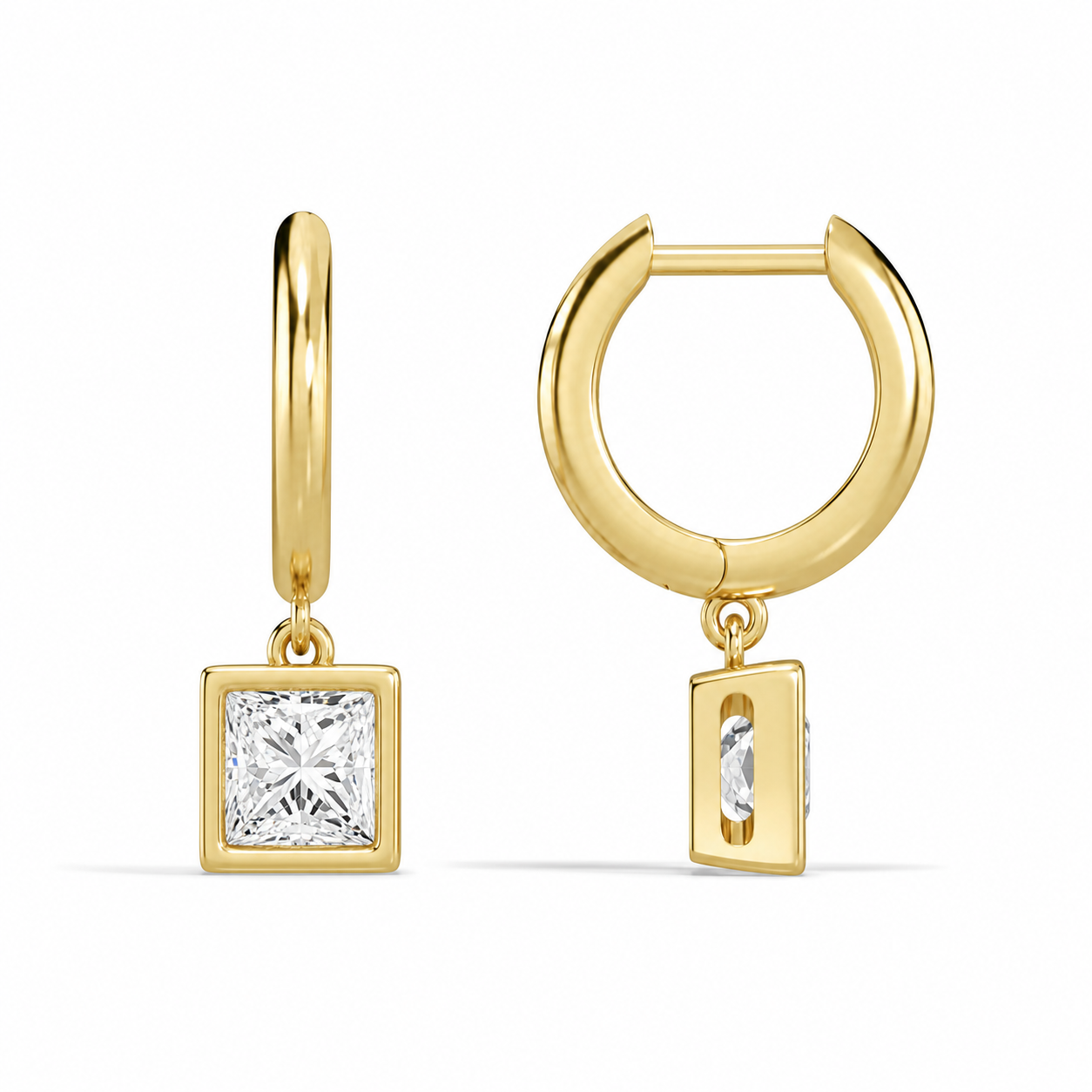 Giselle Princess Bezel Drop Huggie Hoop Diamond Earrings in 14K Yellow Gold second product view
