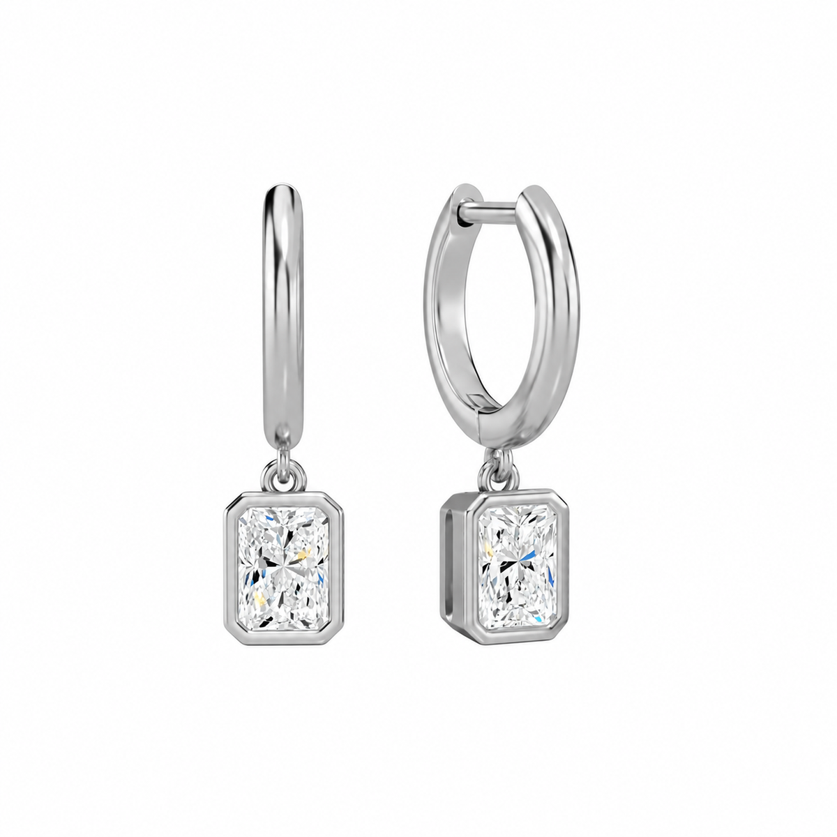 Giselle Radiant Bezel Drop Huggie Hoop Lab-Grown Diamond Earrings in Platinum, front view
