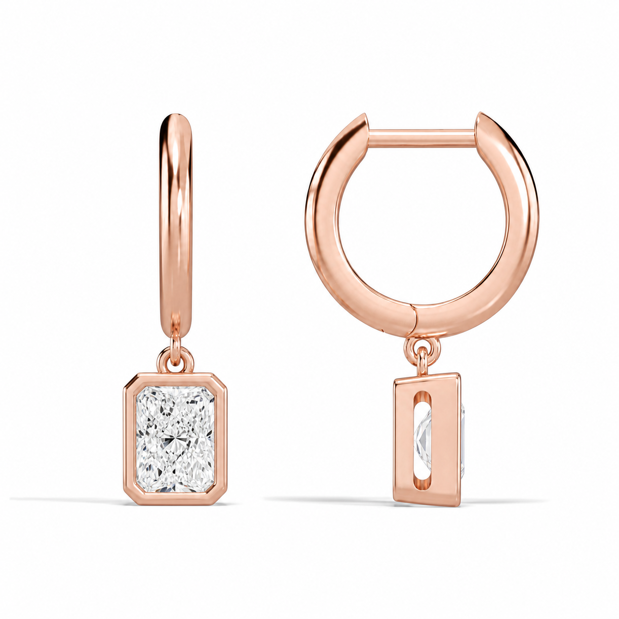 Giselle Radiant Bezel Drop Huggie Hoop Diamond Earrings in 14K Rose Gold second product view