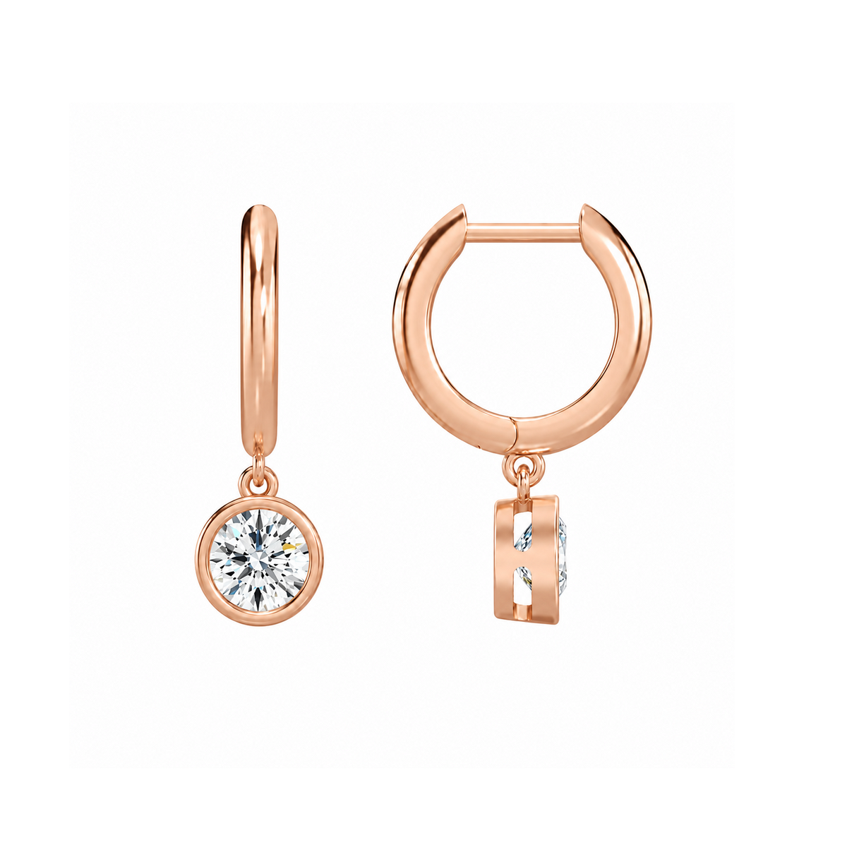 Giselle Round Bezel Drop Huggie Hoop Lab-Grown Diamond Earrings in 14K Rose Gold, alternate product view