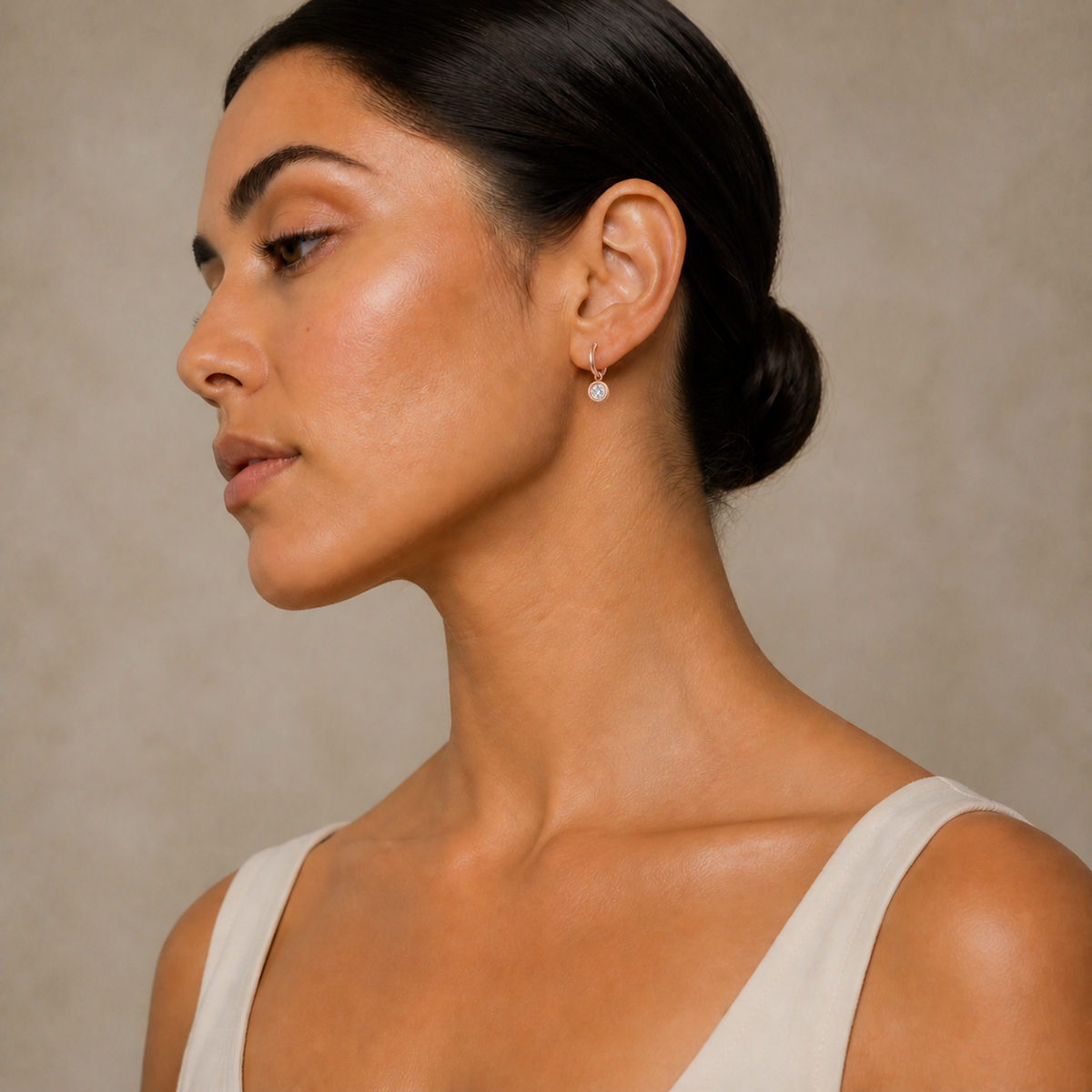 Giselle Round Bezel Drop Huggie Hoop Lab-Grown Diamond Earrings in 14K Rose Gold, worn on ear