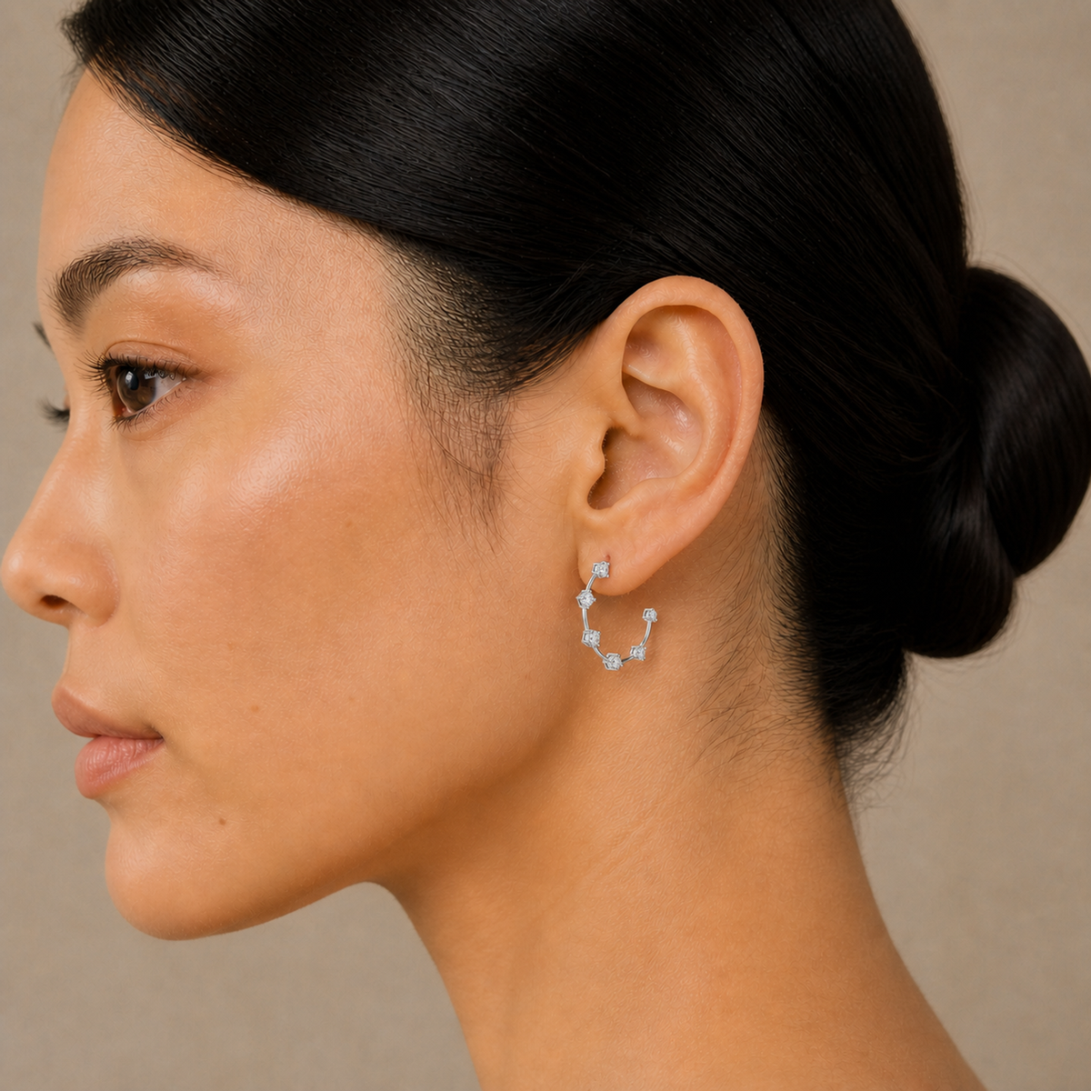 Kallista Graduated Open Hoop Lab-Grown Diamond Earrings in 18K White Gold, worn on ear
