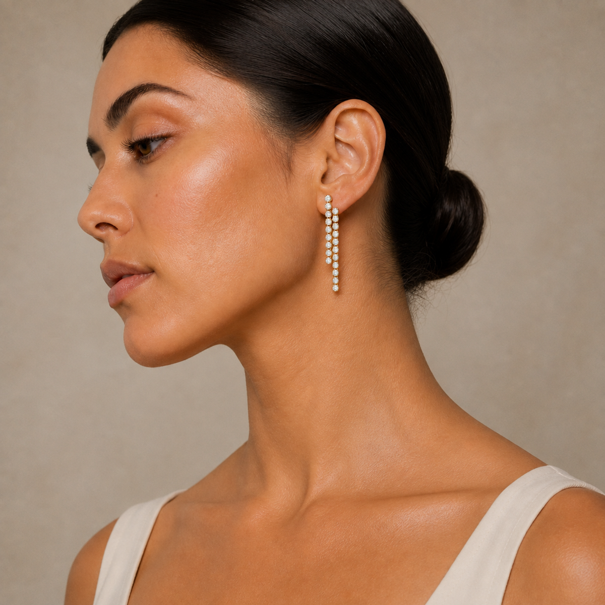 Ophelia Two-Row Cascade Dangle Lab-Grown Diamond Earrings in 14K Yellow Gold, worn on ear