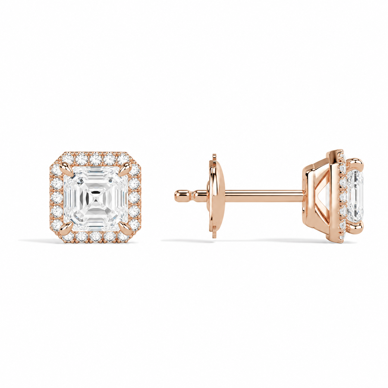 Seren Asscher Halo Diamond Stud Earrings in 14K Rose Gold second product view