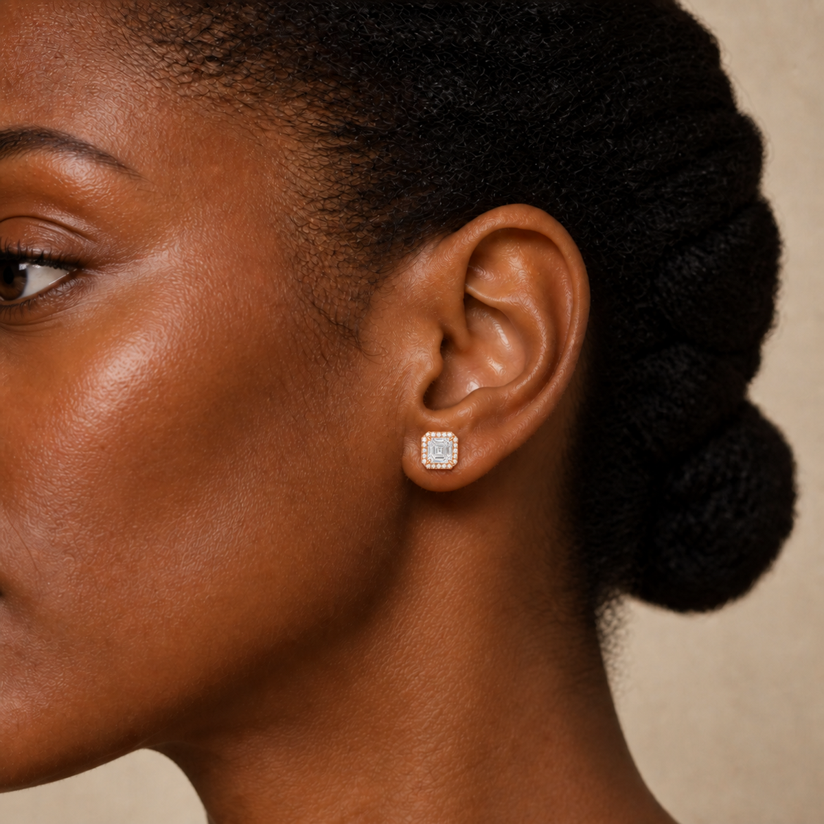 Seren Asscher Halo Lab-Grown Diamond Stud Earrings in 14K Rose Gold, worn on ear