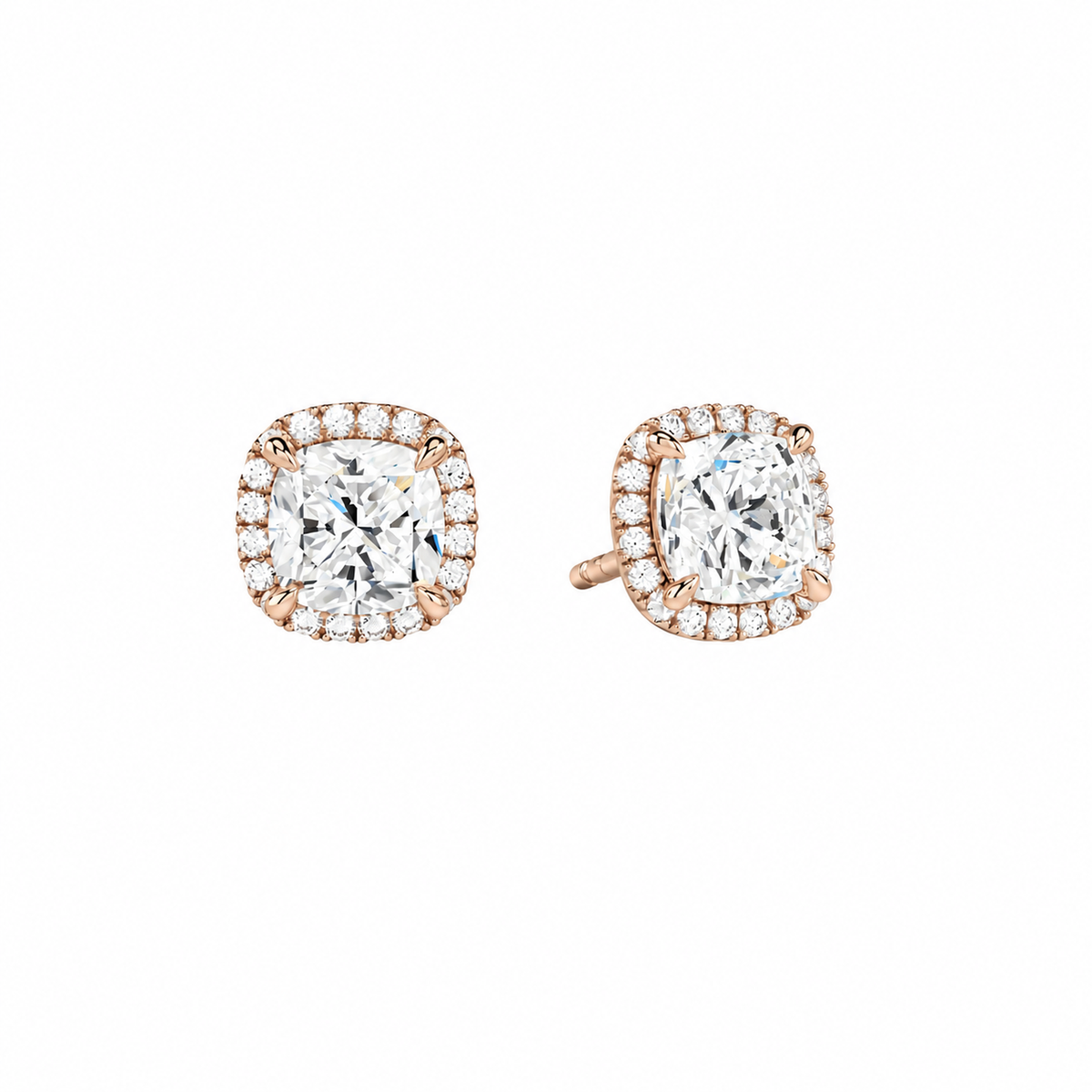 Seren Cushion Halo Lab-Grown Diamond Stud Earrings in 14K Rose Gold, front view
