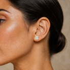 Seren Emerald Halo Lab-Grown Diamond Stud Earrings in 14K Yellow Gold, worn on ear