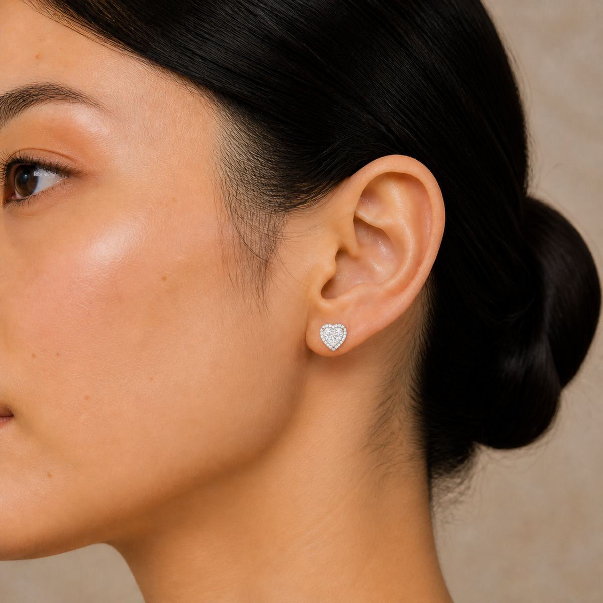Seren Heart Halo Lab-Grown Diamond Stud Earrings in Platinum, worn on ear