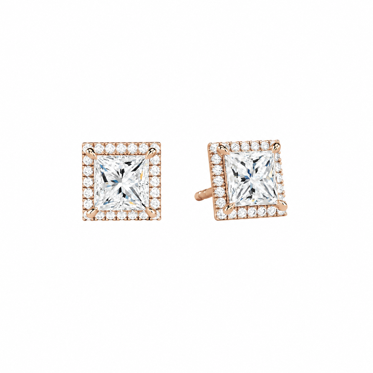 Seren Princess Halo Lab-Grown Diamond Stud Earrings in 14K Rose Gold, front view