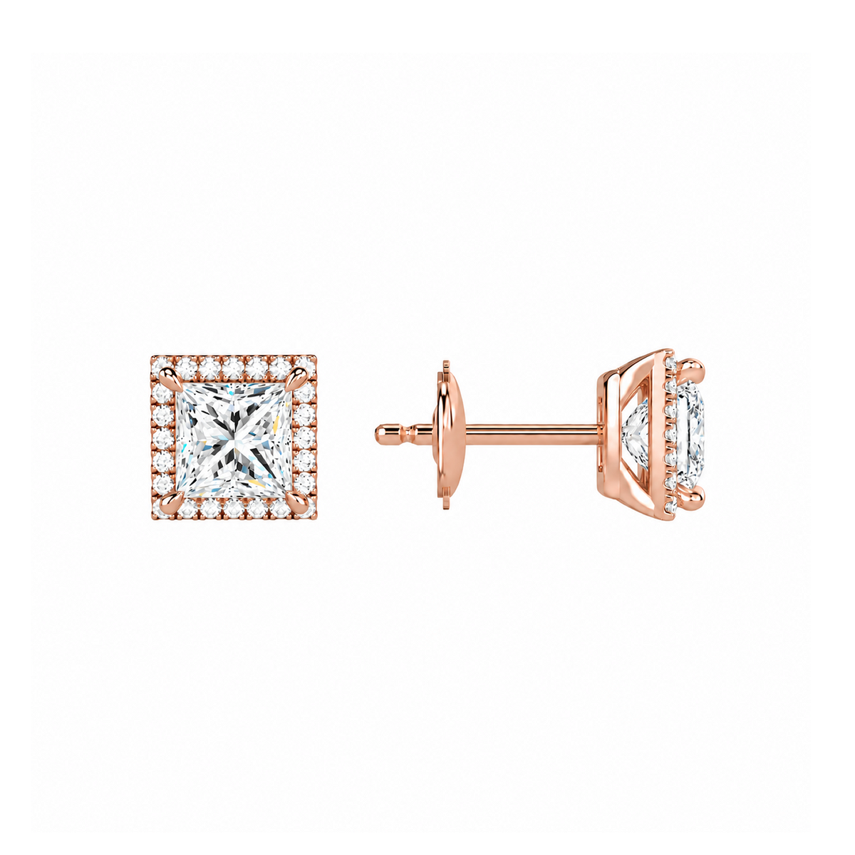 Seren Princess Halo Lab-Grown Diamond Stud Earrings in 14K Rose Gold, alternate product view