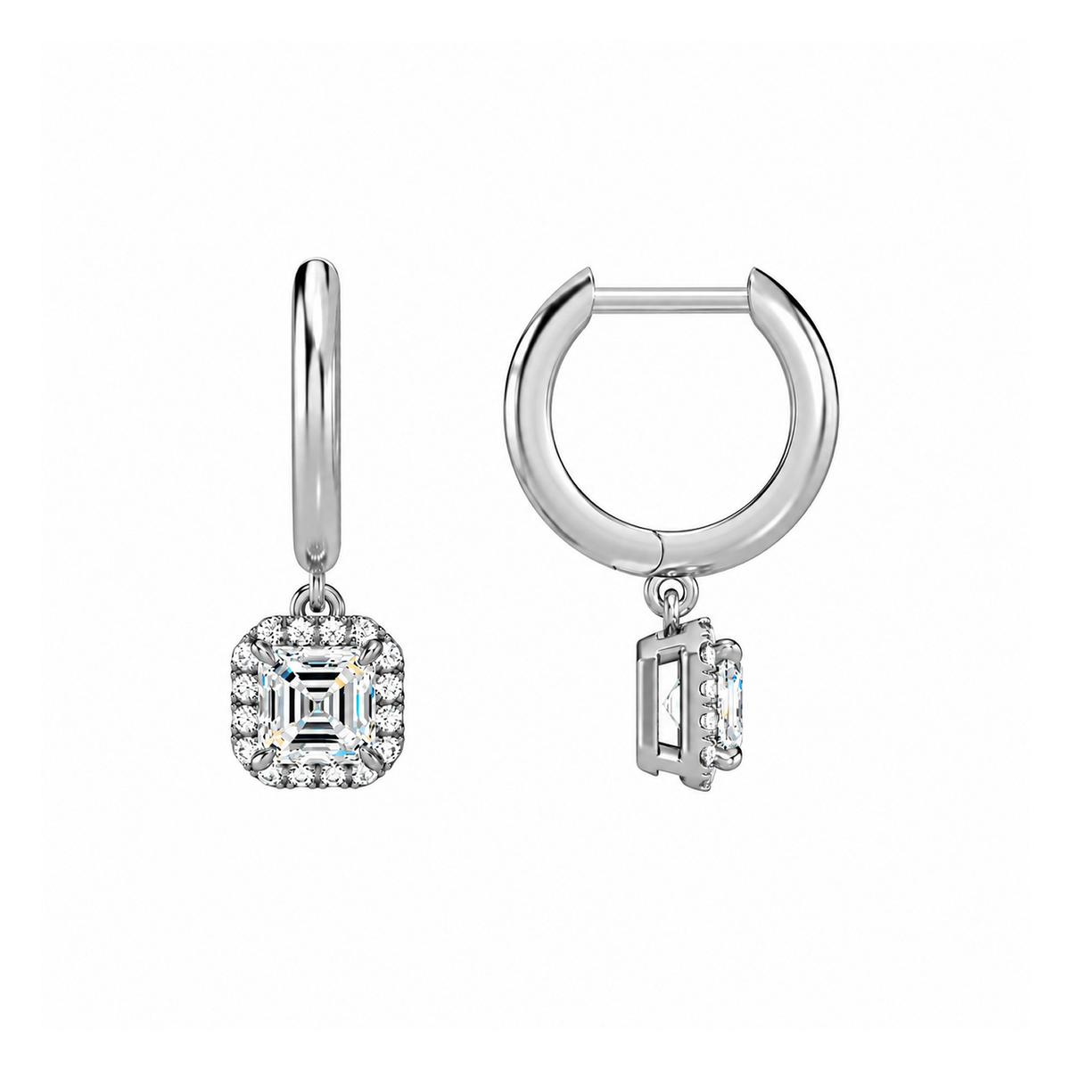 Allegra Asscher Halo Drop Huggie Hoop Lab-Grown Diamond Earrings in Platinum, alternate product view