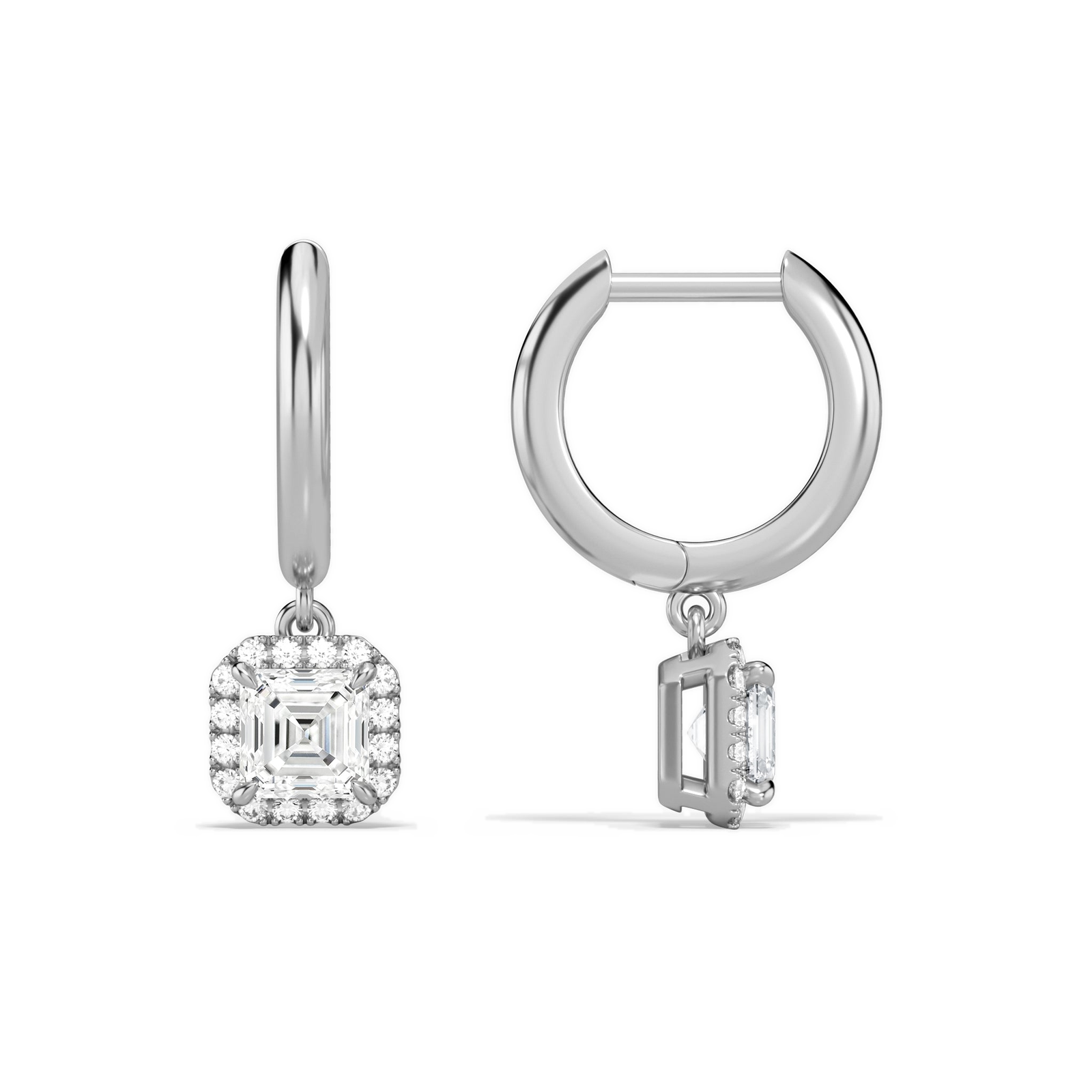 Allegra Asscher Halo Drop Huggie Hoop Diamond Earrings in 14K White Gold second product view