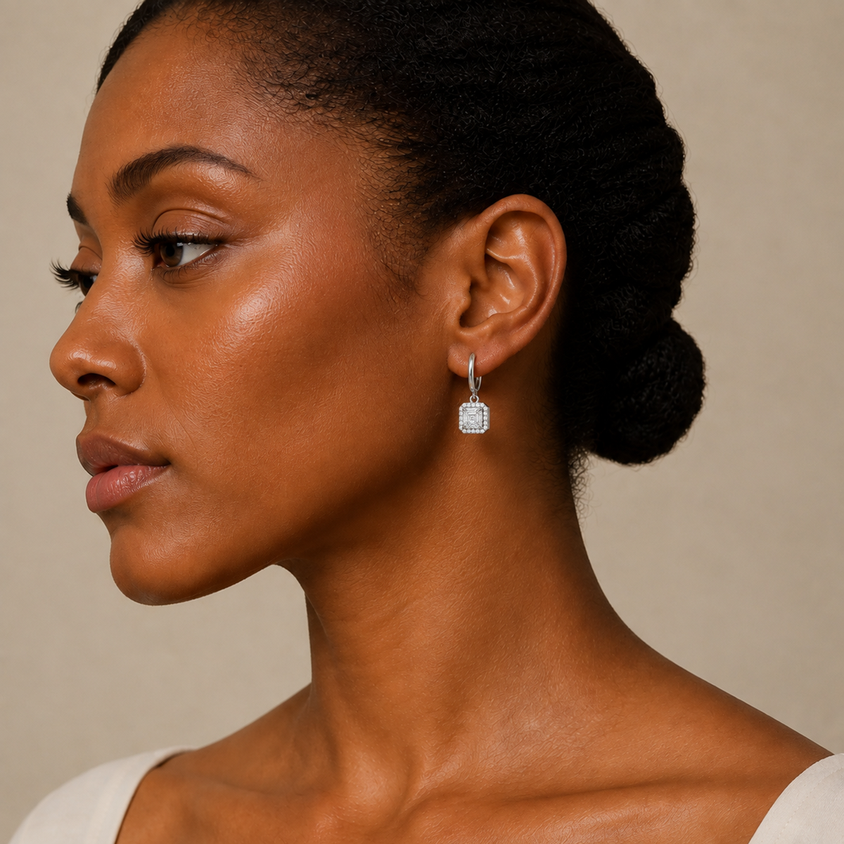 Allegra Asscher Halo Drop Huggie Hoop Lab-Grown Diamond Earrings in 14K White Gold, worn on ear