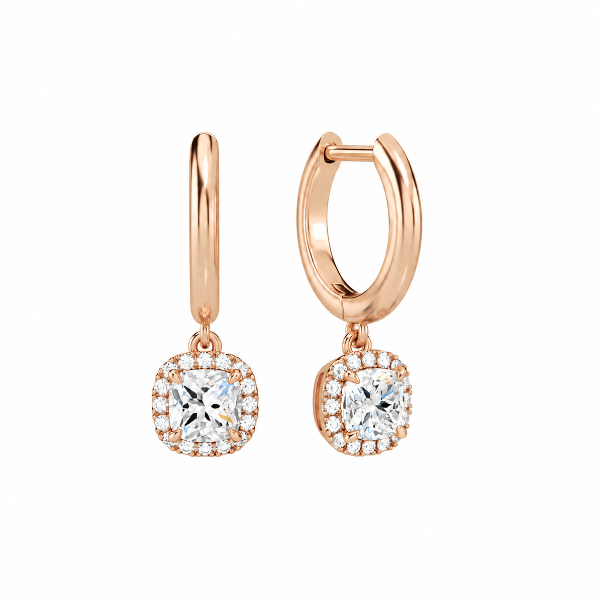 Allegra Cushion Halo Drop Huggie Hoop Lab-Grown Diamond Earrings in 14K Rose Gold, front view