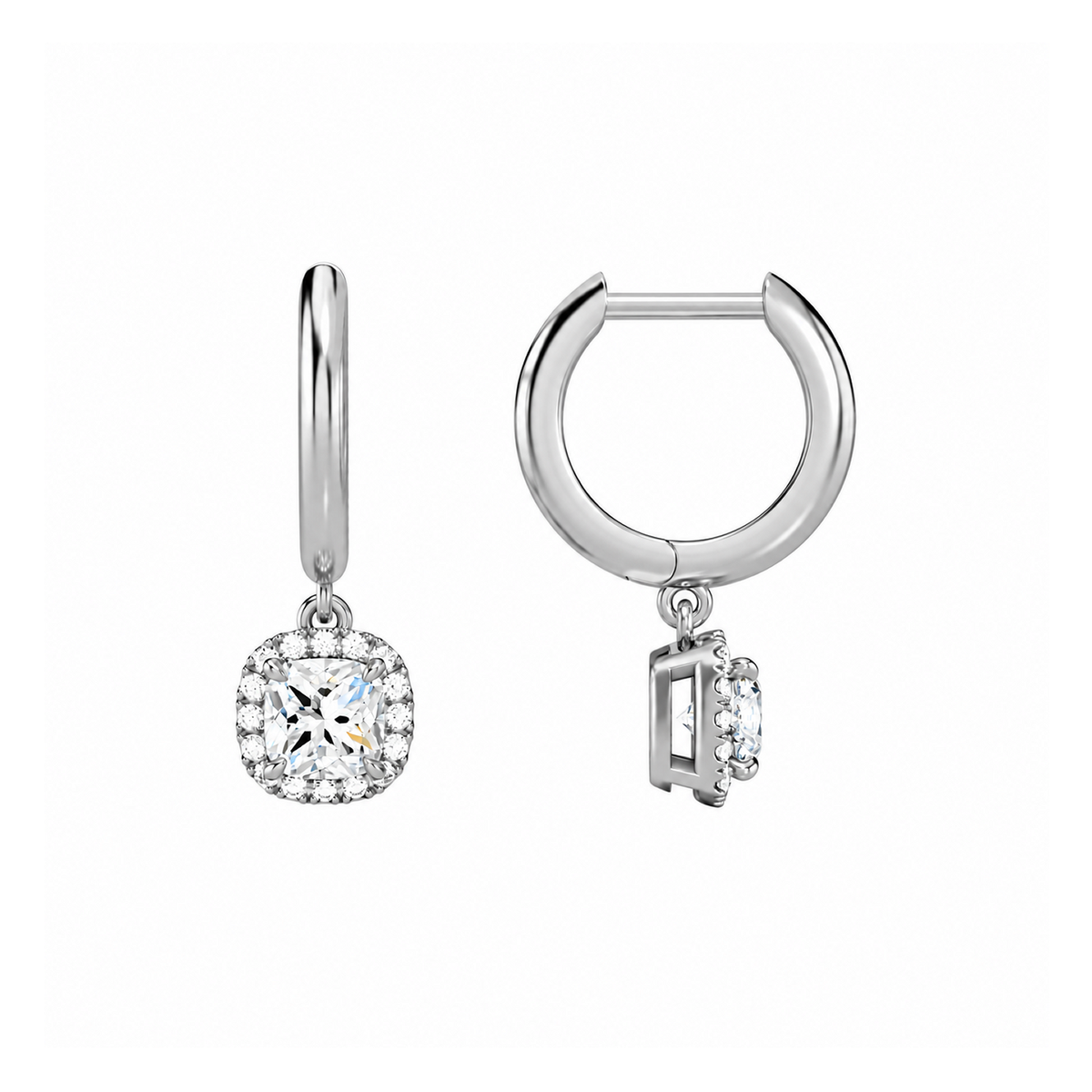 Allegra Cushion Halo Drop Huggie Hoop Lab-Grown Diamond Earrings in 14K White Gold, alternate product view