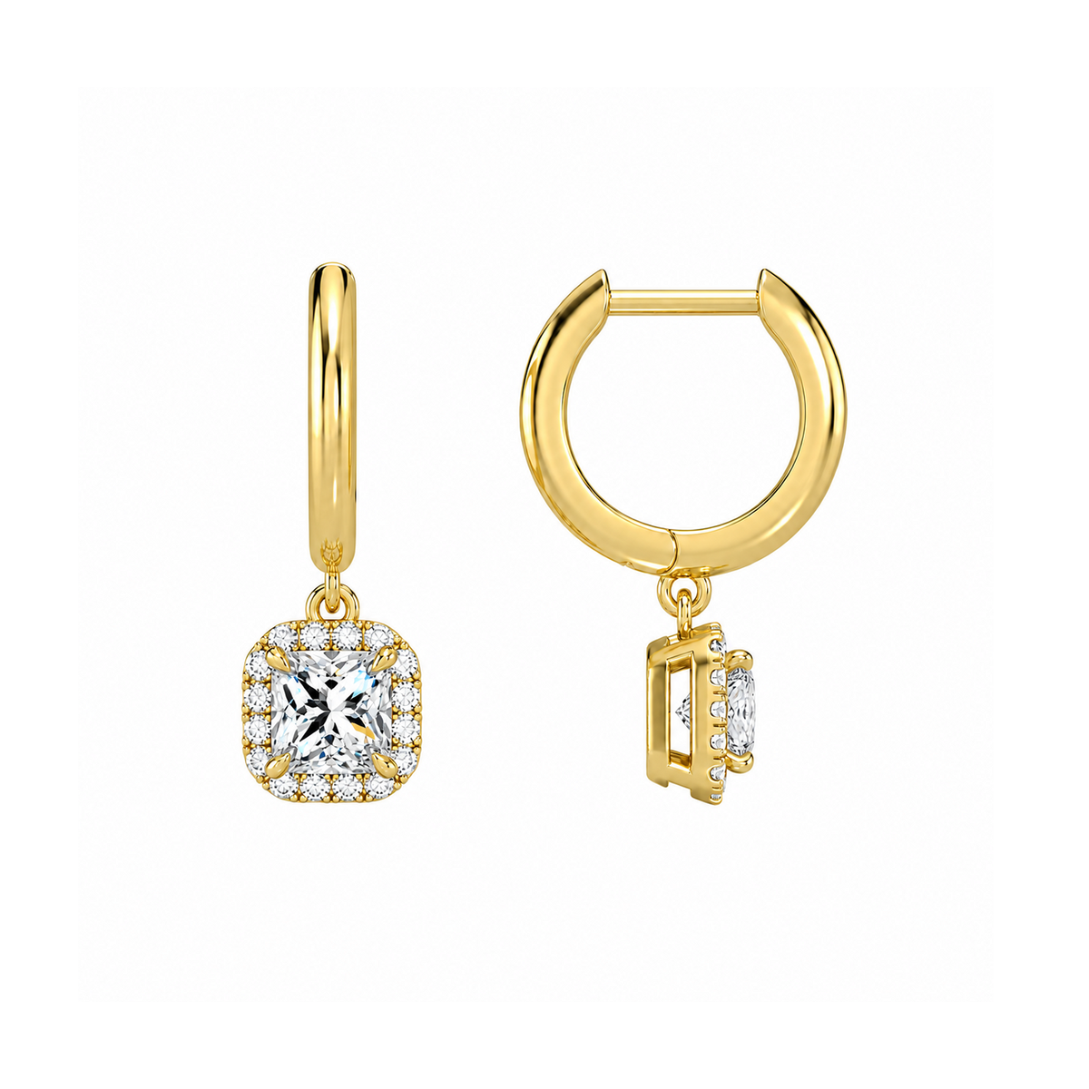 Allegra Cushion Halo Drop Huggie Hoop Lab-Grown Diamond Earrings in 14K Yellow Gold, alternate product view