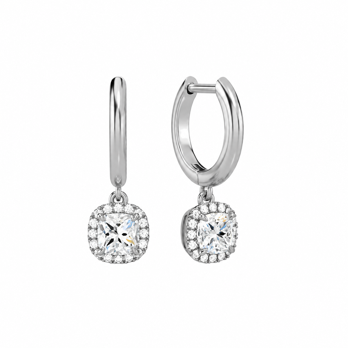 Allegra Cushion Halo Drop Huggie Hoop Lab-Grown Diamond Earrings in 18K White Gold, front view