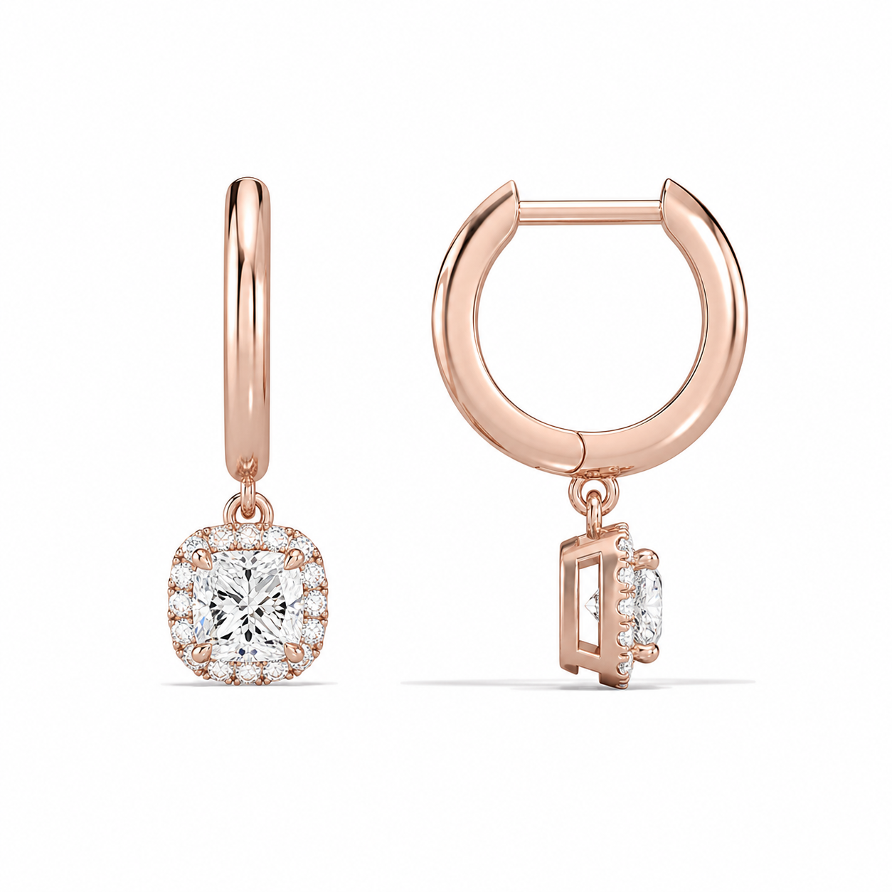 Allegra Cushion Halo Drop Huggie Hoop Diamond Earrings in 14K Rose Gold second product view