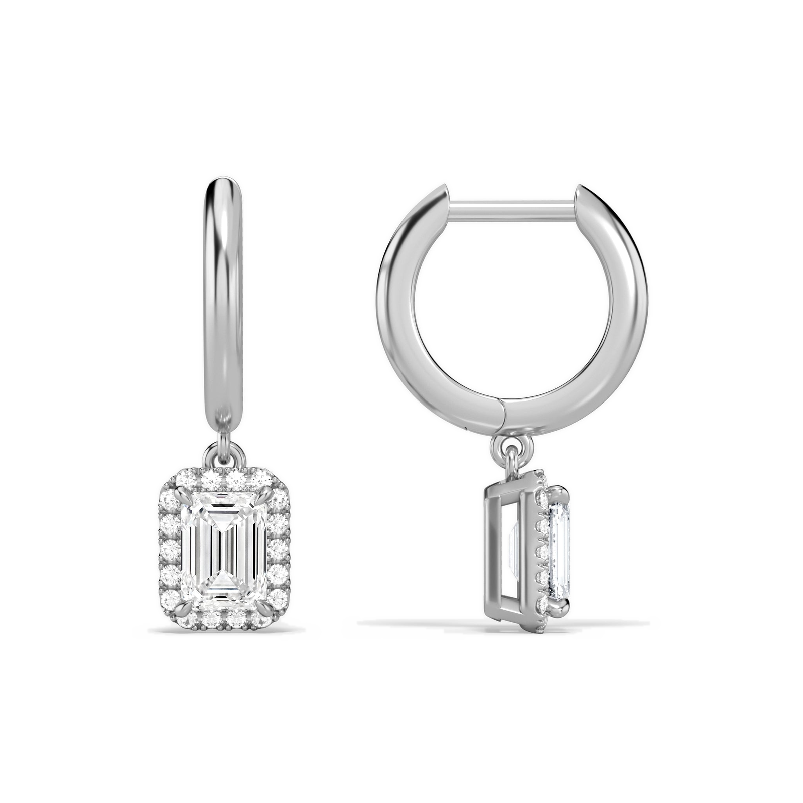 Allegra Emerald Halo Drop Huggie Hoop Diamond Earrings in 18K White Gold second product view